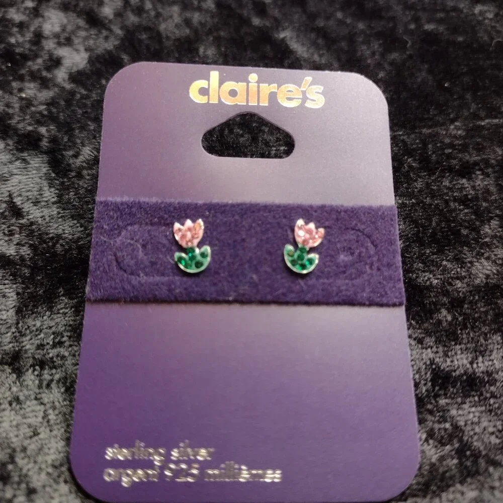 New Claires 2 Pair Infinity Tulips Flower 925 Sterling Silver Stud Cute Earrings - Picture 2 of 3